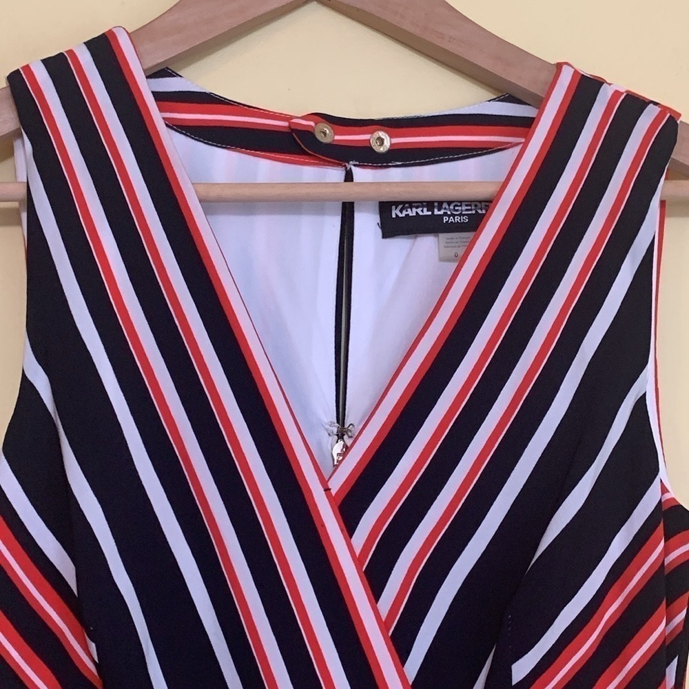 Karl Lagerfeld | Red White Blue Striped Sleeveless Handkerchief Hem Midi Dress 0 - Picture 7 of 17